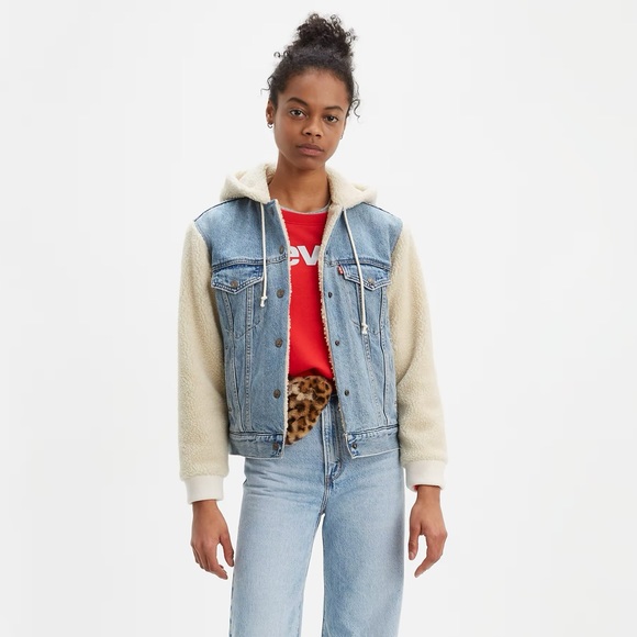 Levi's Premium Ex-Boyfriend Sherpa Hooded Trucker Jean Jacket Medium - Picture 2 of 16